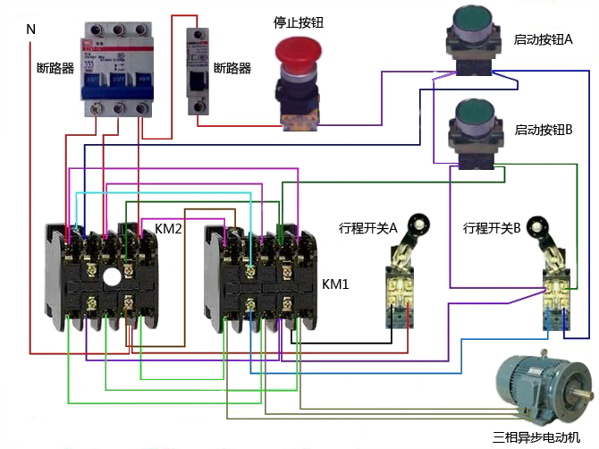 电动机正反转控制+限位控制实物接线图 电动机正反转控制+限位控制实物接线图