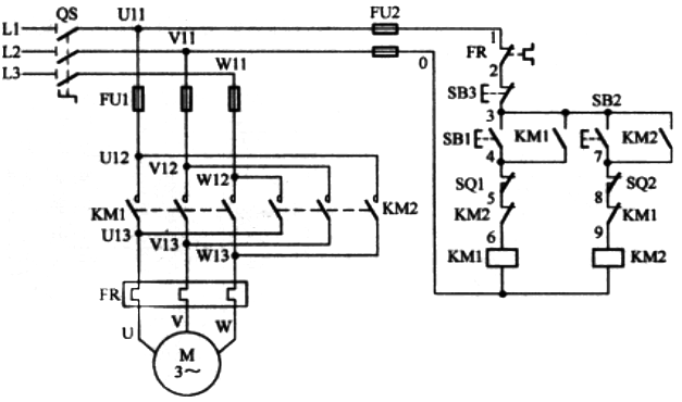 带限位的接触器连锁正反转控制电路 带限位的接触器连锁正反转控制电路